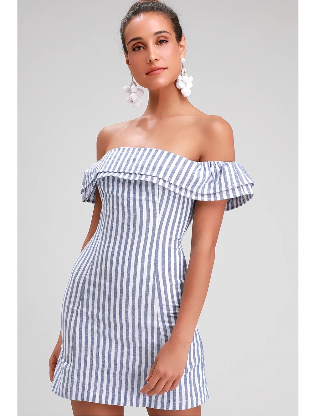 Lulus Seaside Skipper Blue & White Striped Off-Shoulder Cotton Mini Dress NWT